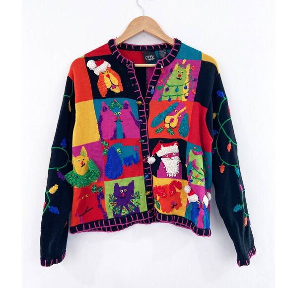 Vintage Sweaters - Vintage Novelty Patchwork Dog Christmas Knit Sweater Large Dopamine Dressing